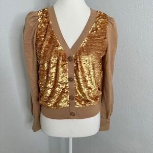 Express Womens Sequin‎ Cardigan Sweater Gold Puff Sleeve V Neck Med